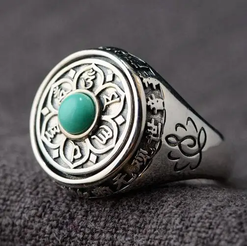 Silver Turquoise 925 серебро тибетская шесть слов пословица спиннинговое кольцо 925 пробы поворотное кольцо на удачу буддийская ОМ мантра - Цвет основного камня: Silver Turquoise
