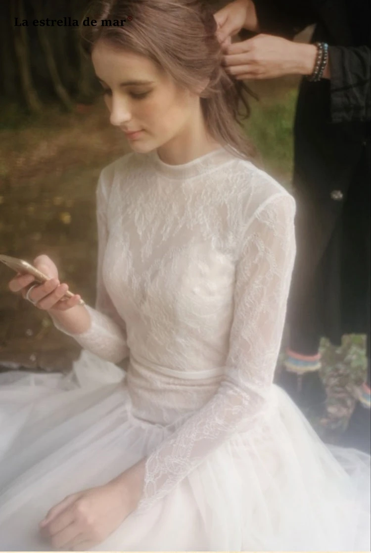 Vestidos de novia, новинка, кружевное ТРАПЕЦИЕВИДНОЕ пляжное богемное свадебное платье с высоким воротом и длинным рукавом цвета шампанского, длинное платье de mariee abito da sposa