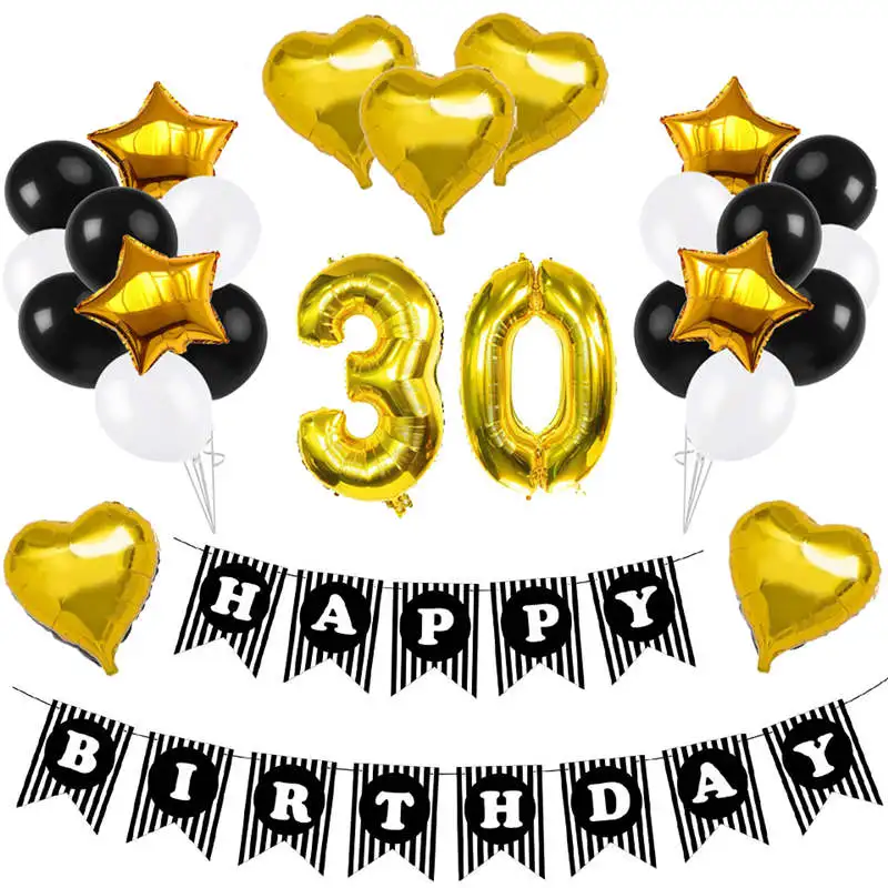 С 30 летним днем рождения баннерные воздушные шары золотые латексные глобусы День