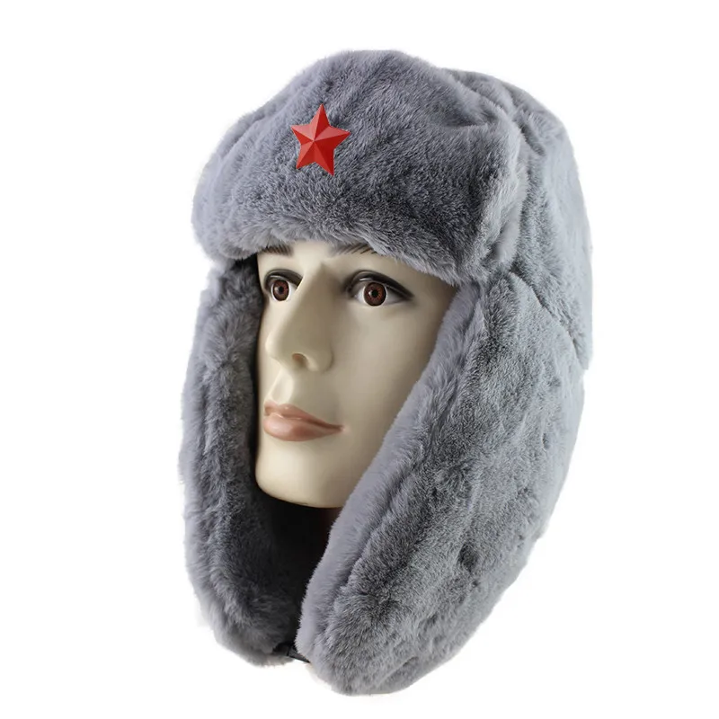 Шапка-ушанка с советским значком для России, для мужчин и женщин, шапки-бомберы, шапка летчика-охотника, зимняя шапка с искусственным кроличьим мехом, бархатные теплые зимние шапки с ушками - Цвет: Grey Red Star