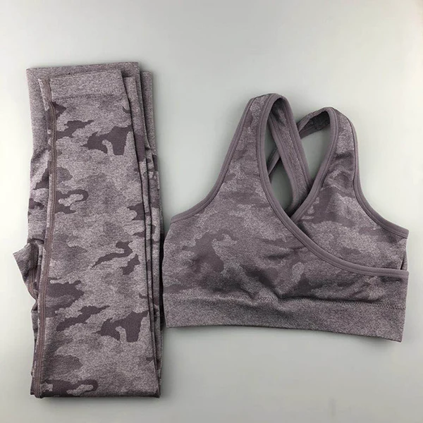 Lavender Grey Камуфляжный бесшовный комплект для йоги, женская одежда для фитнеса, Леггинсы для йоги+ ударопрочный спортивный бюстгальтер, 2 шт., спортивные костюмы, женский спортивный костюм - Цвет: Lavender Grey