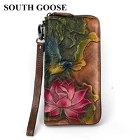 south goose new women wallets genuine leather vintage long clutch handy bag female printing floral card purse large money clips