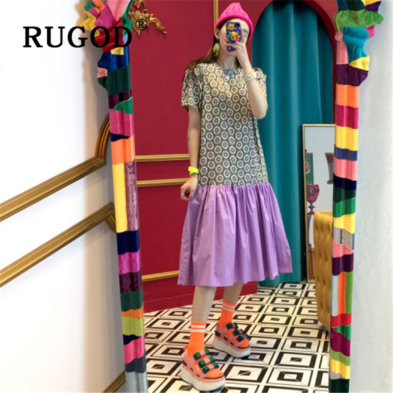 Женское платье с геометрическим принтом RUGOD летнее в Корейском стиле оборками и
