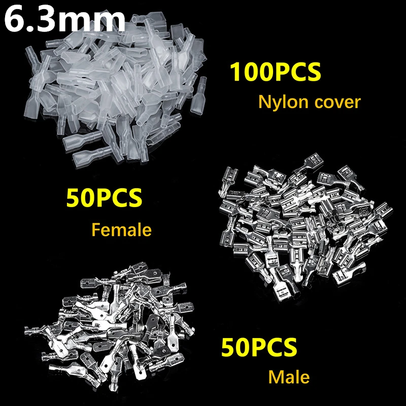 200pcs 6.3mm 200 шт./лот 2,8/4,8/6,3 мм соединители проводов Ассорти Комплект обжимные женский/мужской стержни лопаты с прозрачная изоляционная одежда с длинным рукавом - Цвет: 200pcs 6.3mm