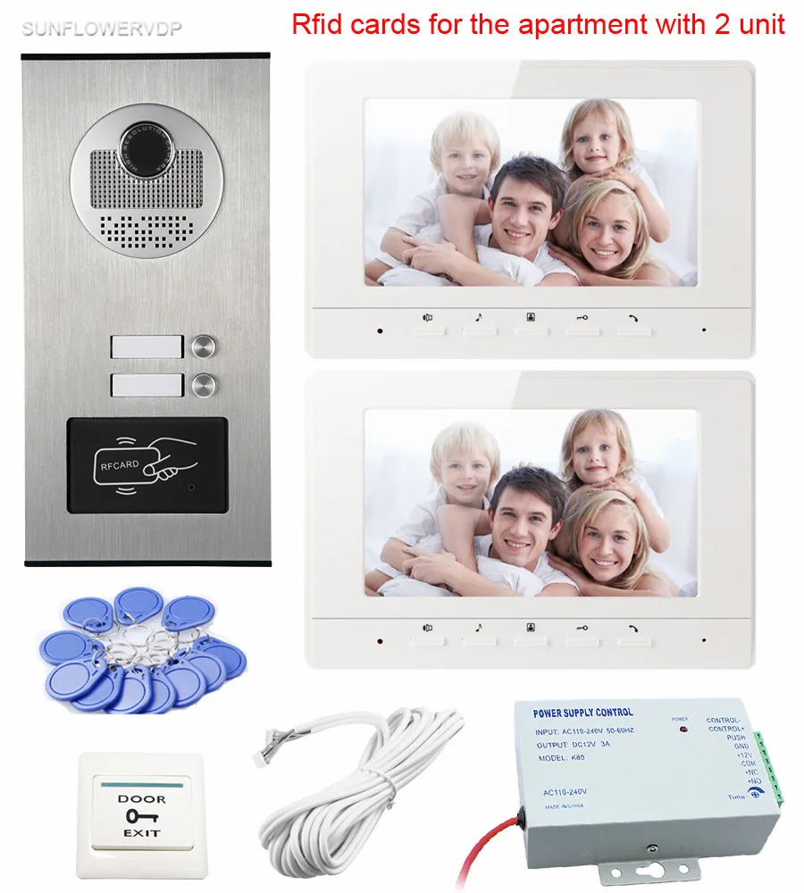 

For 2 Apartments Intercom Door Rfid Camera 2 Buttons Access Control Video Intercom Home Phone 7inch Color 2 Intercom Monitors