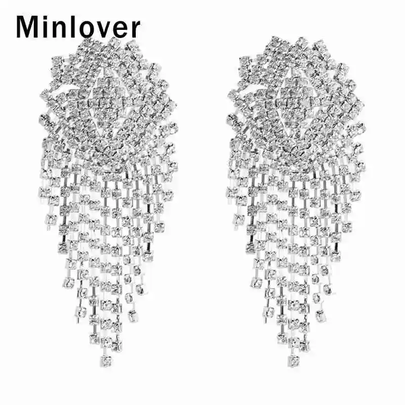 Женские свадебные висячие серьги Minlover большие с ниспадающими кисточками стразы