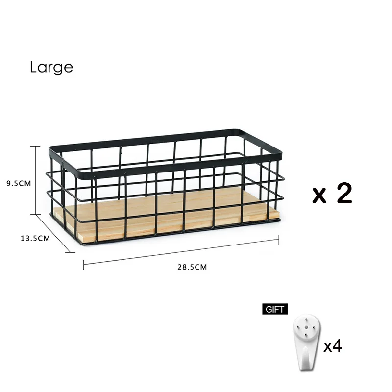 Black L x 2pcs Железная деревянная настенная полка wtih, подвесная корзина для хранения, полки для мелочей, держатель, стеллаж для хранения, органайзер для украшения дома - Цвет: Black L x 2pcs