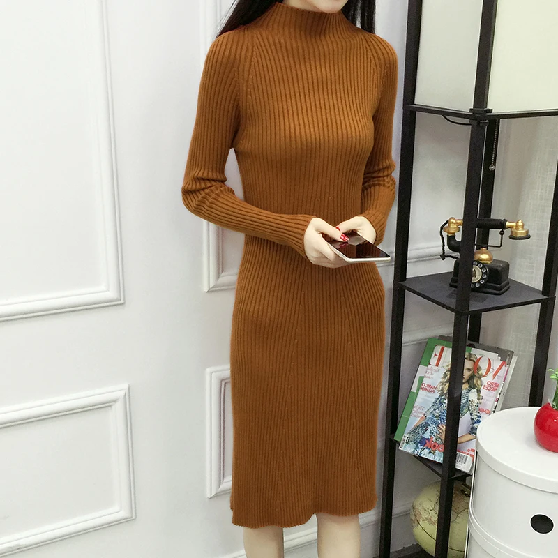 

Women Autumn Winter Sweater Knitted Dresses Slim Elastic Half High-neck Long Sleeve Sexy Lady Bodycon Robe Dresses Vestidos D209