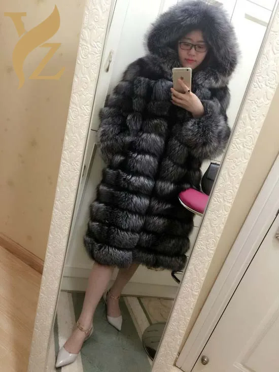 Настоящий натуральный мех, шуба из серебристого лисьего меха, теплые полоски, зимняя горловина,, толстые куртки из лисьего меха, меховые пальто высокого качества - Цвет: With Hood