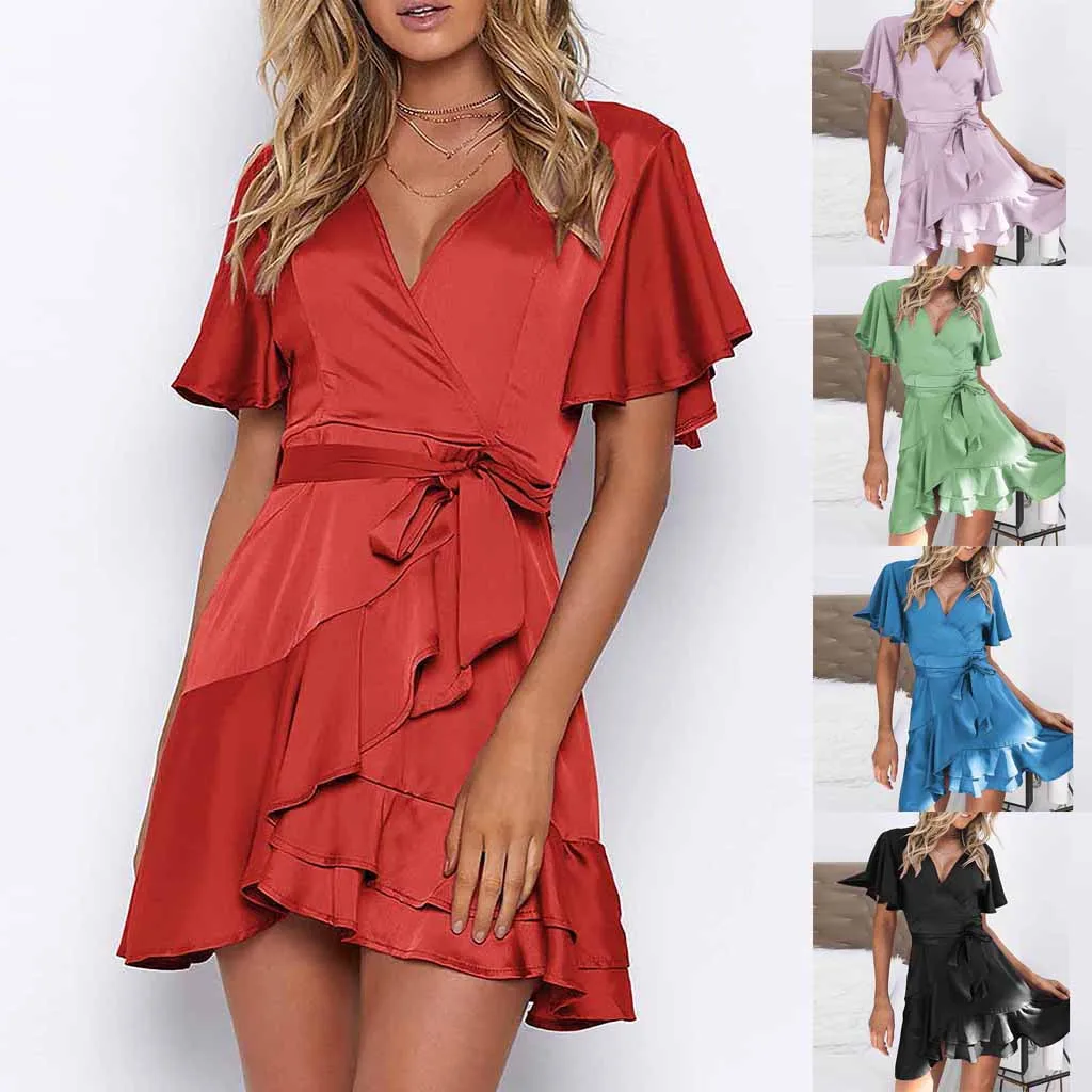 Женское пляжное платье vestidos verao мини с рюшами на рукавах и v образным вырезом