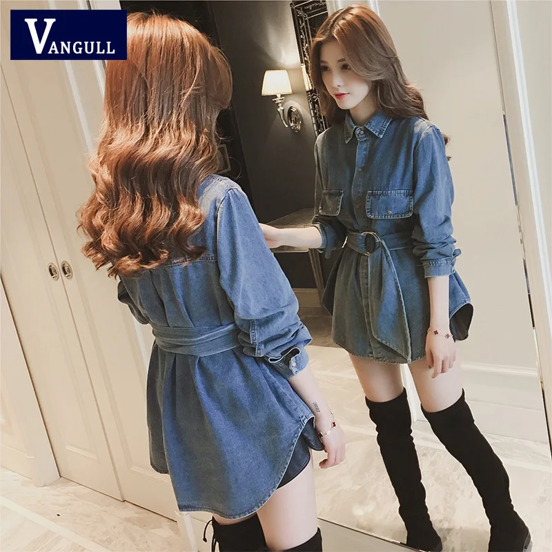 Vangull новая джинсовая куртка размера плюс 4XL женский однобортный Свободный Длинный Джинсовый пояс Базовые Куртки Пальто с большим карманом и отложным воротником