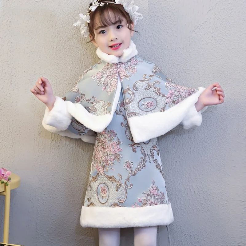 Зимний китайский новогодний костюм Qipao для девочек теплое китайское платье с