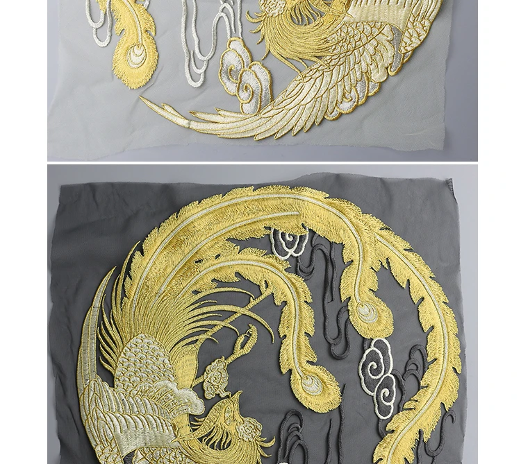 Chinese style round gold Phoenix mesh embroidery lace patches Applique for DIY dress 31cm