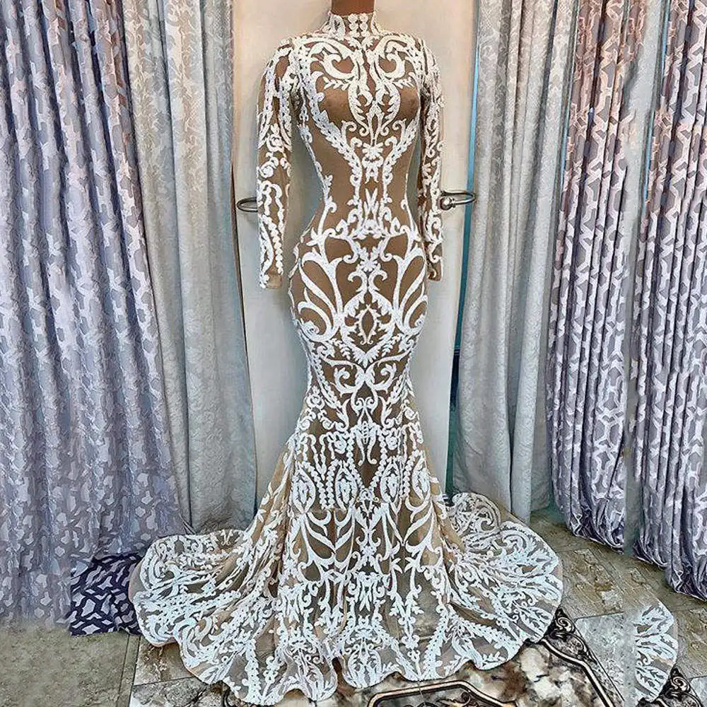 

See Through Long Evening Dress 2021 Sexy Long Sleeve High Neck African Mermaid Women Formal Evening Gowns robe de soiree