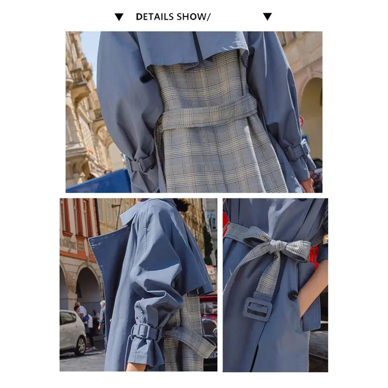 

Double-breasted Plaid Fashion Long Trench Coat For Women Autumn New Korean Patchwork Windbreaker Casual Bandage Outwear f309