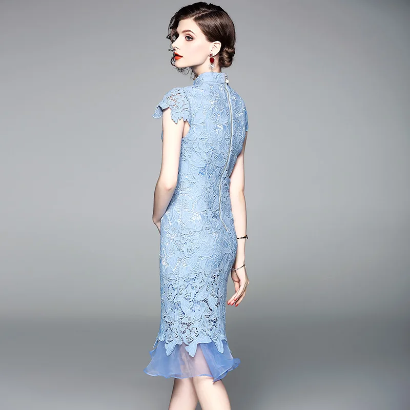 Женское облегающее платье с цветочным принтом кружевное синее вышивкой и