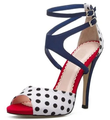 

Women Mixed Color Polka Dots Peep Toe Sandals Ankle Crossed Strap Buckle Double Wrap High Thin Heel Party Shoes High Quality