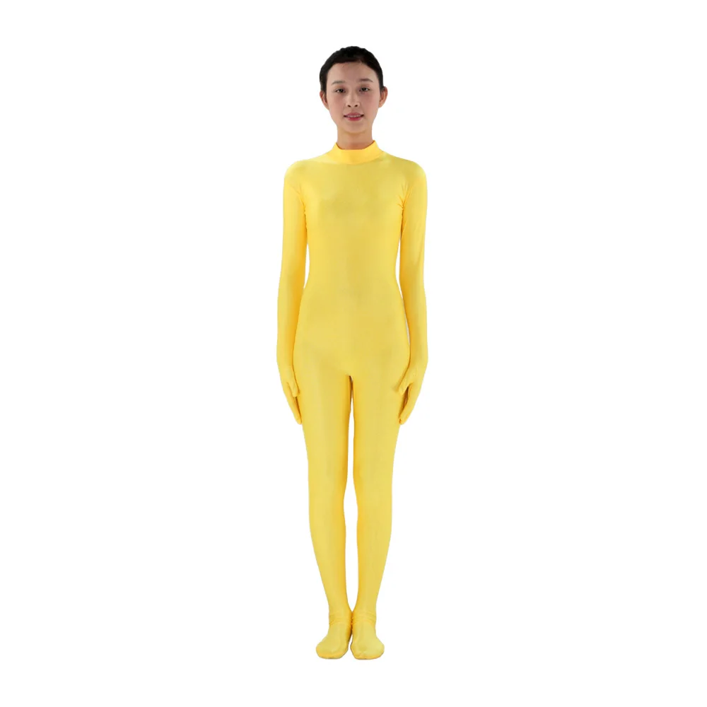 Желтый костюм для взрослых Zentai на заказ без капюшона с имитацией шеи из лайкры