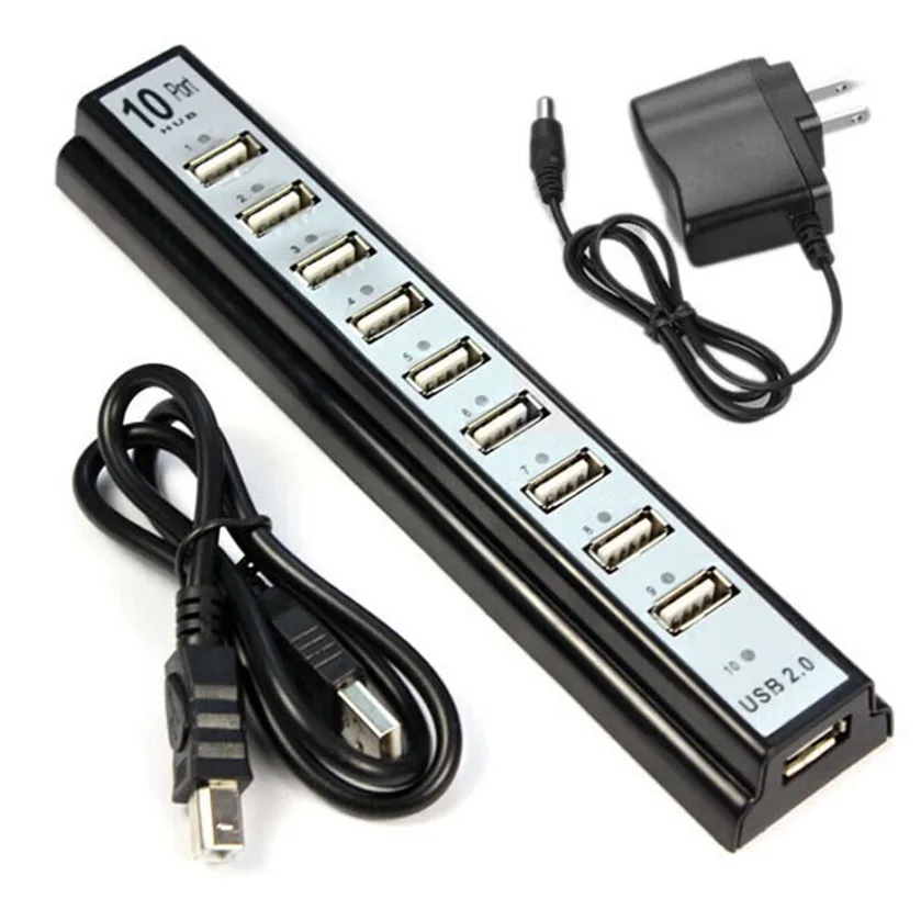 Лучшая цена высокоскоростной концентратор USB 2 0 с 10 портами и адаптером питания