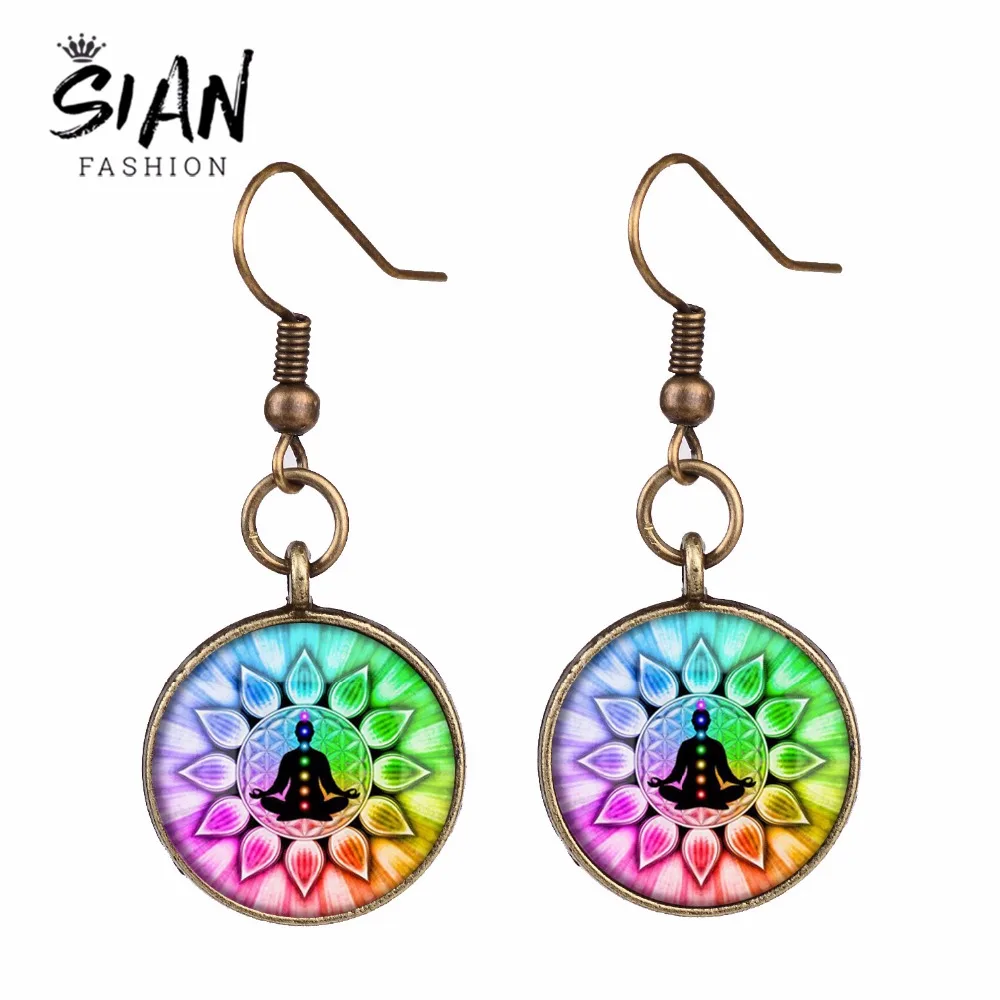 SIAN Rainbow 7 Чакра длинные висячие серьги рейки целебная Йога Будда стеклянные кабошоны серьги «медитация» ювелирные украшения