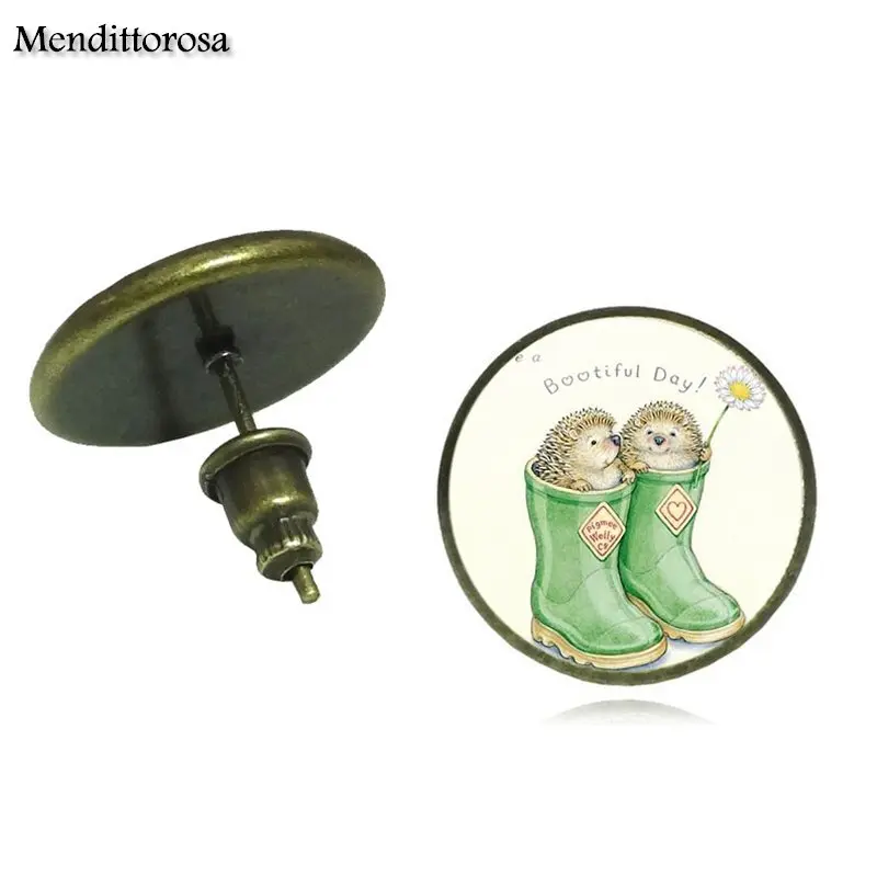 Модные серьги-гвоздики с кабошоном в виде Ежика из стекла бронзы серебра