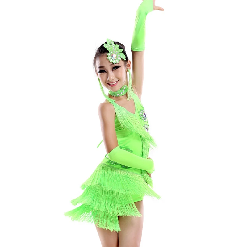 Fluorescent green Новые костюмы для латинских танцев для девочек, сексуальное платье с кисточками для латинских танцев для женщин, платья для латинских танцев 110-160 - Цвет: Fluorescent green