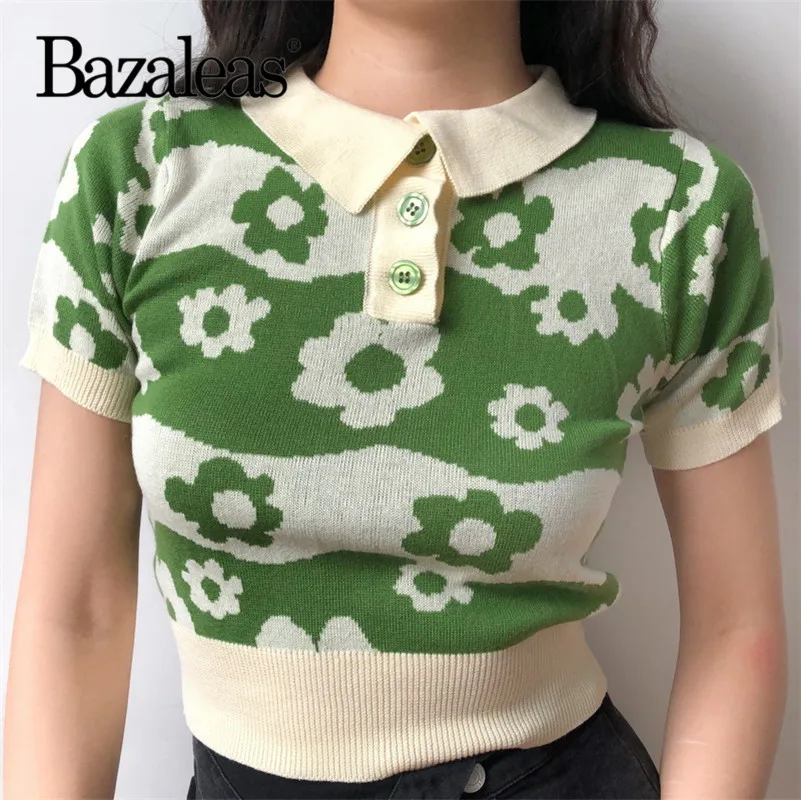 Bazaleas отложной воротник Мода harajuku тройник зеленый цветочный пэчворк женская