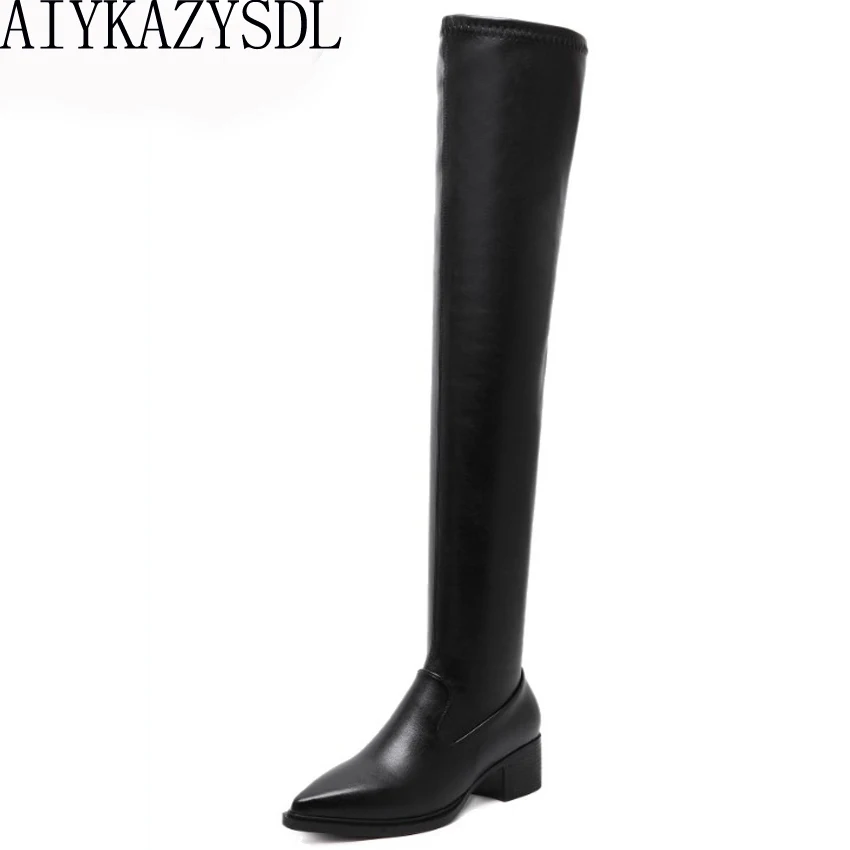 

AIYKAZYSDL Autumn Winter Women Boots Over The Knee Thigh High Stretch Boots Faux Leather Slim Long Knight Snow Boots Shoes Woman