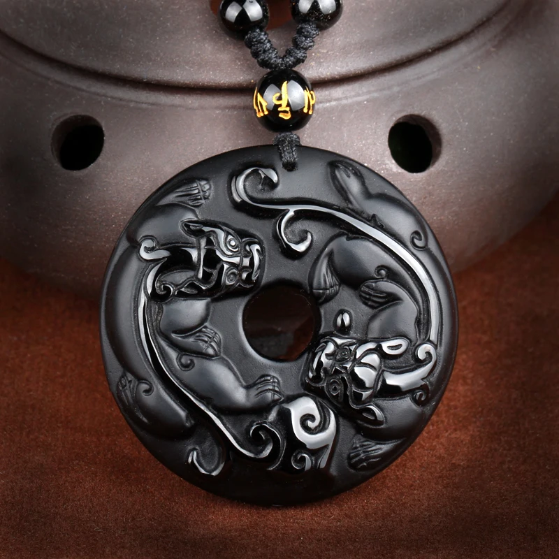 Черный обсидиан ожерелье кулон двойной пиксиу нефрит мужские ювелирные изделия