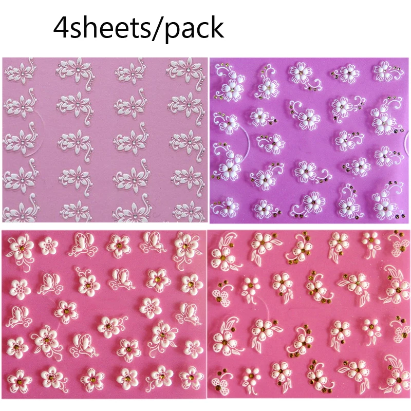 4 листа/упаковка 3D сделай сам цветочный дизайн наклейки для ногтей акриловые
