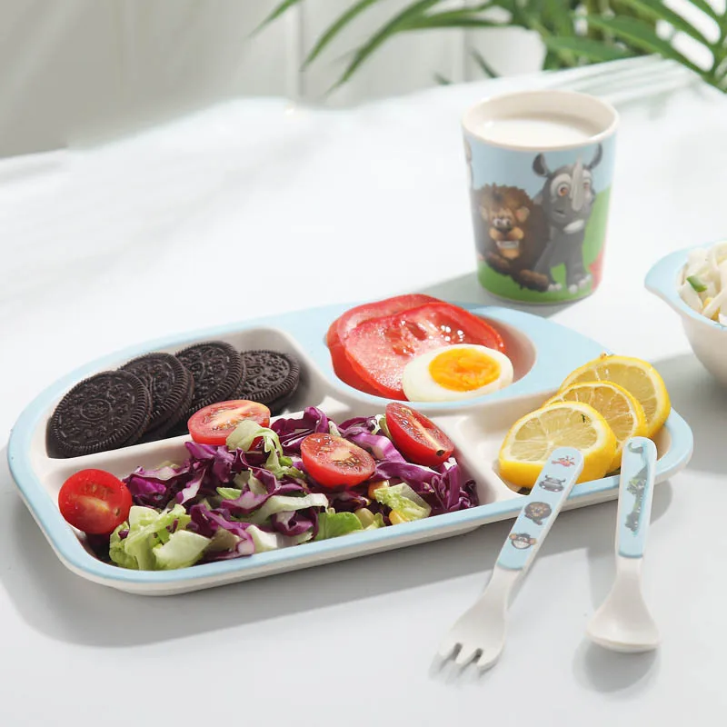 5 Pcs/Set Kid Bamboo Fiber Dinnerware Set Baby Plate Children Cartoon Separation Bowl Fork Spoon Cup Feeding Tableware | Дом и сад