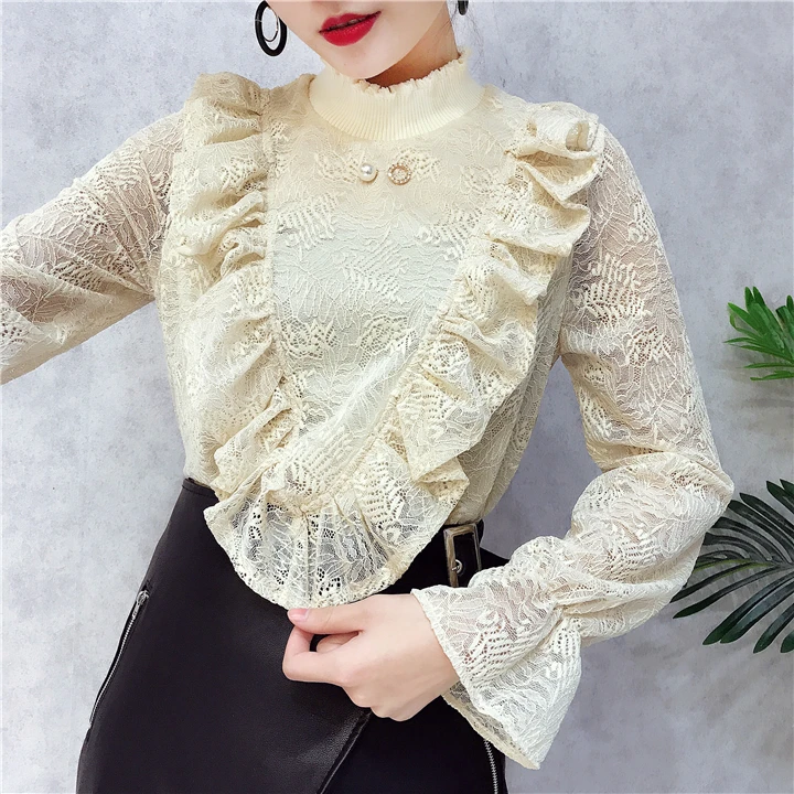 ALPHALMODA V-Ruffled стоячий воротник, украшенный бисером, женские изящные футболки с вырезами на крючках, цветы, однотонные женские пуловеры, футболки