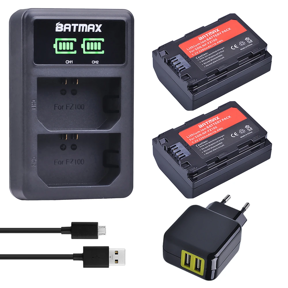 

2Pc 2280mAh NP-FZ100 NP FZ100 FZ100 Battery + LED Dual USB Charger + AC Adapter for Sony NP-FZ100, BC-QZ1,a9, a7R III, a7 III