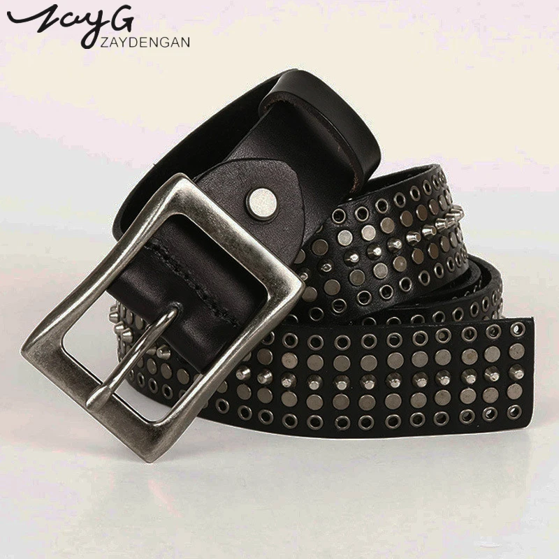 

ZAYG Brand Luxury Pin Buckles Men and Women Hollow rivet Belt Jeans Belts Designer Fashion High Quality Leisure Leather Belt