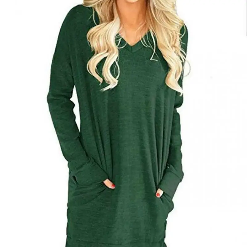 Женская футболка с V-образным вырезом длинным рукавом и карманом | одежда