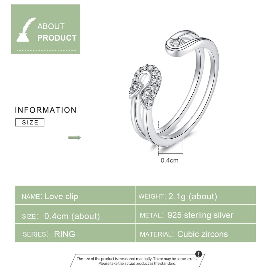 Bamoer Lover's Pin Открытое кольцо из стерлингового серебра 925 Забавный зажим регулируемое модное кольцо на палец Ювелирные изделия Подарки для женщин BSR046