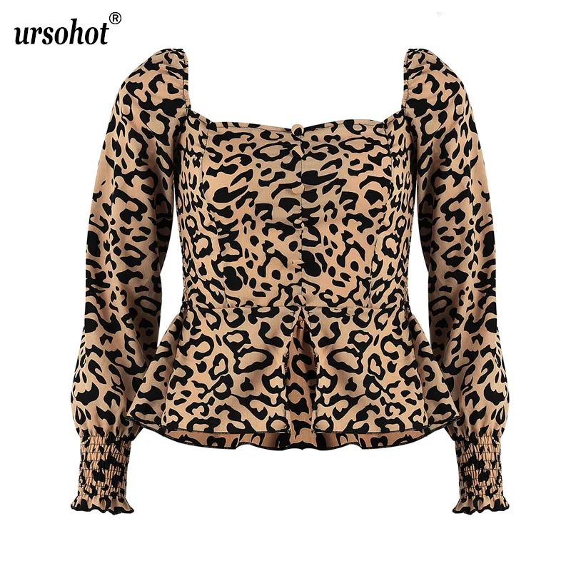 Ursohot спинки Leopard Блузка Для женщин квадратный воротник Короткие Футболка женская