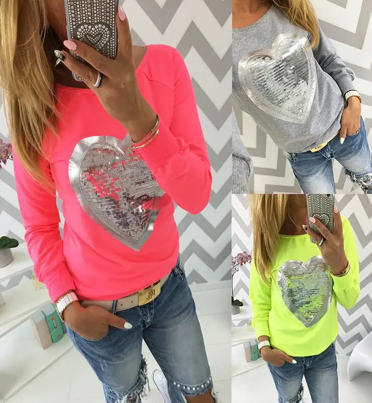 Women's 2017 Lovely Sequined Heart Pullovers O-neck Long Sleeve Sweatshirts Lady Tracksuits Tops S-5XL Женская одежда