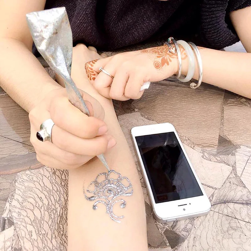 Индийская хна паста конусы металлическая/Серебристая белая блесточка mehndi Лазерная пудра крем для свадьбы свадебные вечерние тела художественная живопись