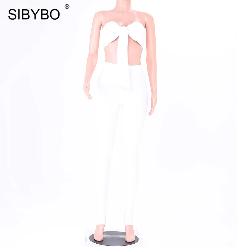 Sibybo с открытыми плечами завязанный сексуальный укороченный топ и штаны комплект без бретелек с высокой талией летний комплект из двух предметов Женский комплект с открытой спиной