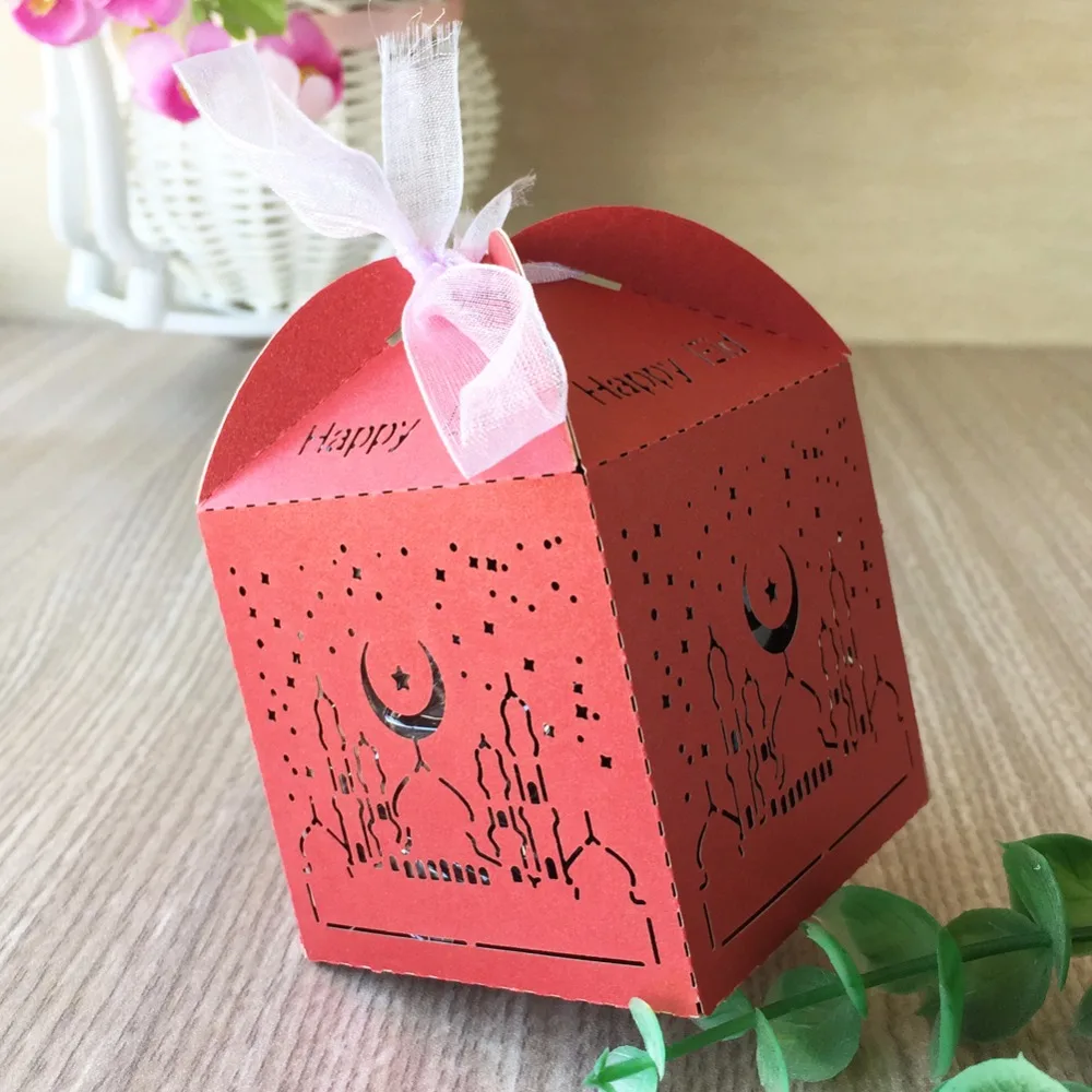 

100pcs/lot Eid Mubarak hot sale laser cut pearl paper small box ramadan decorations for party happy Eid words on box decorations