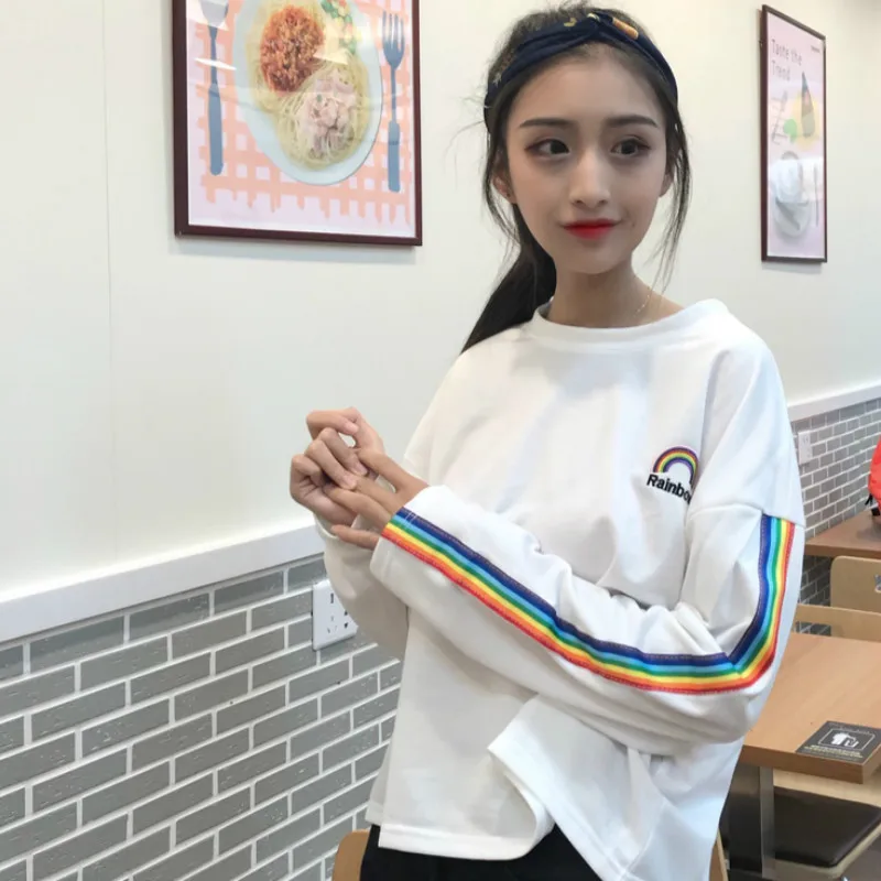 Милая Радужная полосатая футболка с вышивкой для девочек Harajuku модные женские