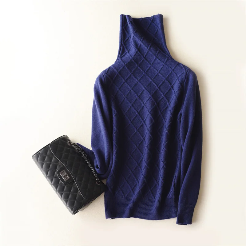 Sweater Women Autumn Winter High-End 100% Goat Cashmere Turtleneck Argyle Knitted Soft Cozy Sweaters Bottom Shirts Pulls | Женская