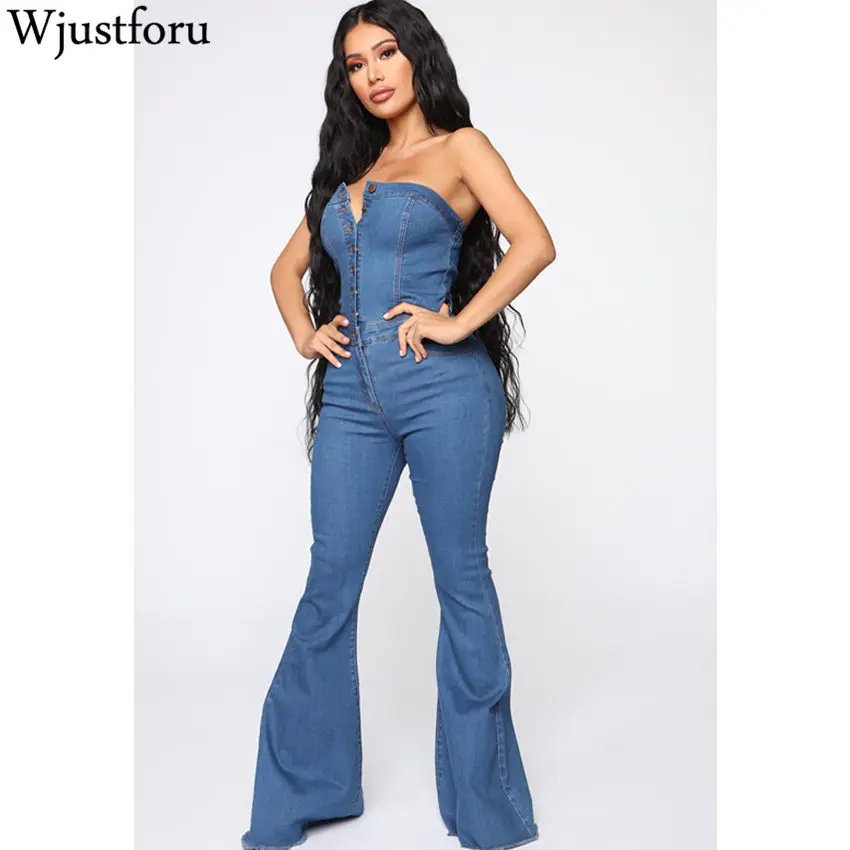 Wjustforu Strapless Sexy Denim Jumpsuit Women Off Shoulder Botton Jeans Wide Leg Bodysuit Female Bodycon Casual Overalls Vestido | Женская