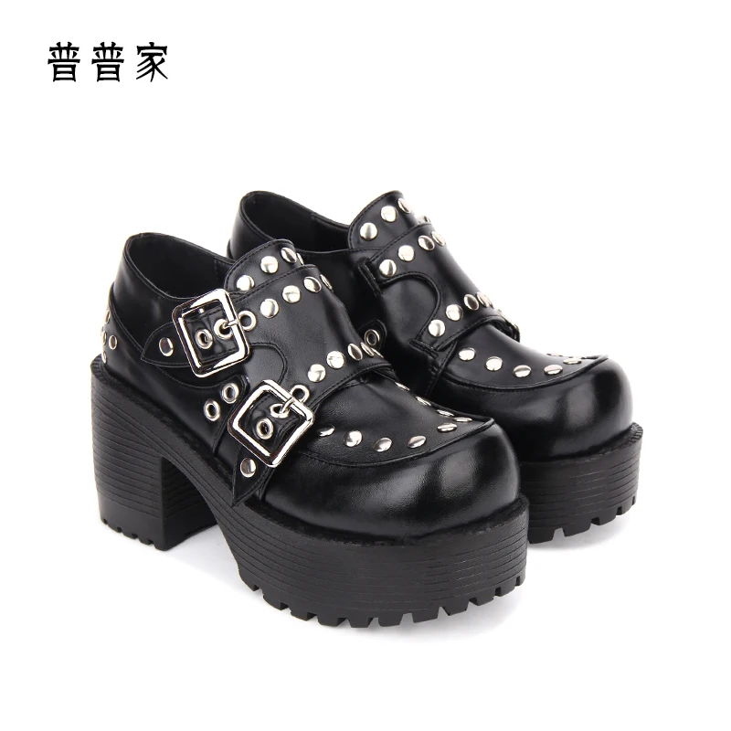 

Милая обувь в стиле «лолита»; Обувь в стиле «панк»; Обувь с круглым носком и заклепками; Модная и Особенная женская обувь; Сезон весна; pu7003