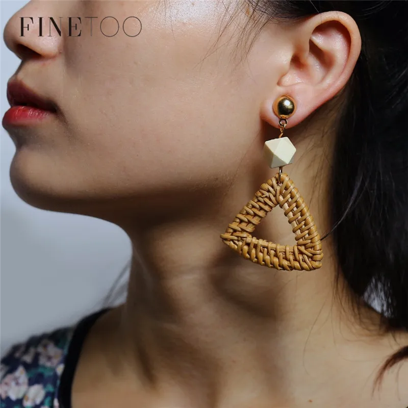 Handmade Woven Bamboo Wicker Straw Rattan Triangle Geometric Statement Earrings Fashion Boho Drop for Women Girls | Украшения и