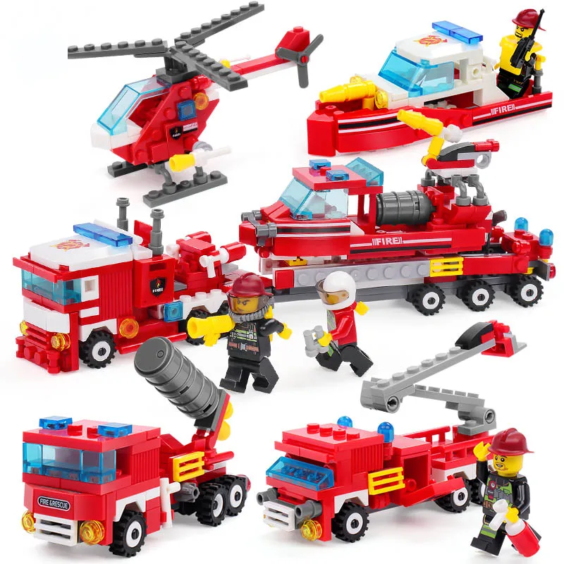 Fire Fighting 4in1 Trucks Car Helicopter Boat Building Blocks city Firefighter figures children Toys 348pc | Игрушки и хобби