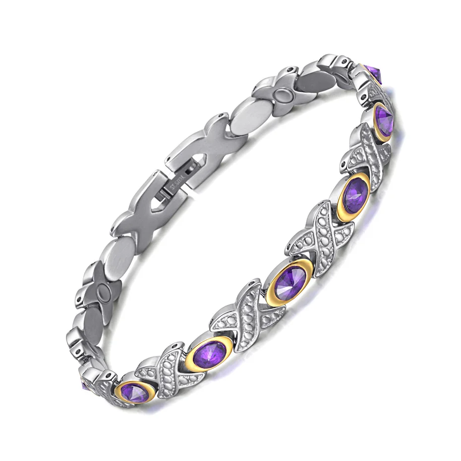 purple WelMag, женские браслеты из нержавеющей стали с кристаллами, браслеты с биоэнергией, магнитные заживляющие амулеты, стразы, серебряный браслет Femme - Окраска металла: purple