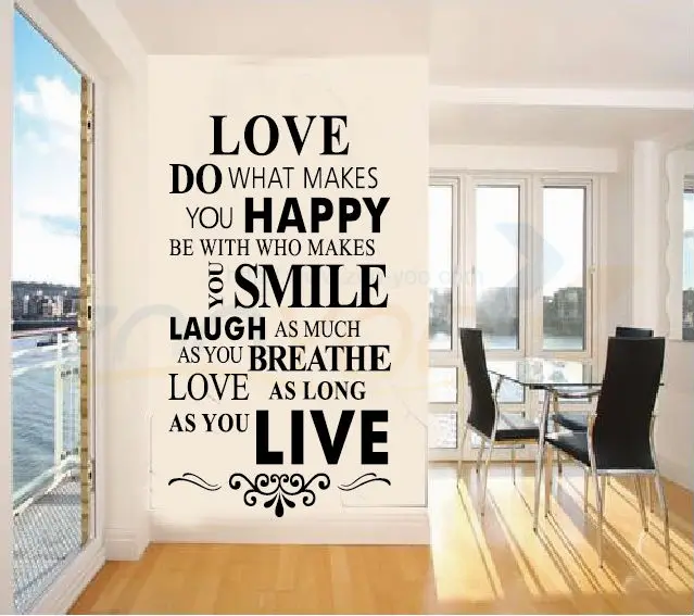 Черные наклейки на стену с надписью love happy smile смехом живыми буквами домашний