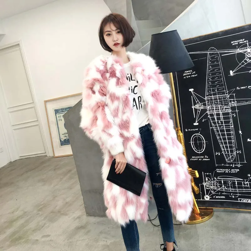 pink-long Хит, зимнее белое розовое пальто из искусственного меха, Женская пушистая удлиненная куртка из искусственного лисьего меха, пальто, утолщенная теплая женская верхняя одежда, пальто - Цвет: pink-long